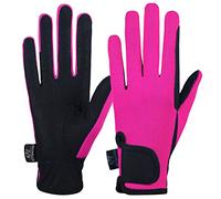 AFE Ladies Horse Riding Gloves Track Fabric Gloves Synthetic Leather Equestrian Black Stretch Fabric Pink Purple Lilac (Pink, Large)