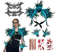 Afenau Women's Lake Blue Feather Cape with Cuffs, Masquerade Mask and Tattoos, Gothic Lacing Shawl, Maleficent Costume, One Size, Adult, Female, Costume Accessories