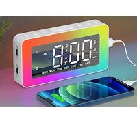 AFEXOA Digital Alarm Clock for Bedrooms, Mirror Alarm with 8 RGB Night Lights, Dual Alarms, 8 White Noise, 7 Wake-Up Sounds, USB Port, 16 Volume, Brightness Dimmable, Snooze (White-1) (RE)