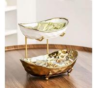 Afeyibu 2-Tier Fruit Bowls for Kitchen Counter,Ceramic Bowl with Gold Metal Stand,2 Tier Fruit Basket for Fruit,Snack,Cake,Nuts,Dessert Space Saving Storage
