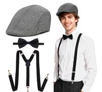 AffeGifts 1920s Accessories for Men 3pcs, Great Gatsby Costume Men Include Gangster Hat, Suspender, Bow Tie 1920s Detective Mafia Costume for Theme Parties, Halloween (Grey)