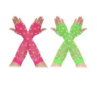 AffeGifts 80s Fishnet Gloves, 2 Pairs Long Fingerless Fishnet Gloves Rhinestones Fishnet Sleeves Sparkly Glitter Fish Net Mesh Gloves for 80s Party Fancy Dress Costume Accessories