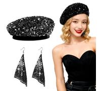 AffeGifts Abba Accessories for Women, Shiny Abba Hats with Sequins Earrings Disco Beret Hat 1970s Fancy Dress Disco Costume for Teen Girls Women 70s 80s Disco Theme Party