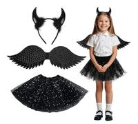 AffeGifts Black Devil Costume for Kids,Black Halloween Costume Dark Fairy Costume Devil Horn,Wing and Tutu Skirt 3 pcs Fancy Dress Party Outfit for Girls from 3-6 Years Old