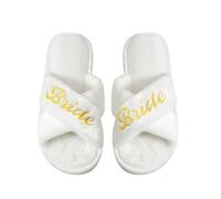 AffeGifts Bride Fluffy Slippers, Soft Faux Fur Crossover Bride To Be Slippers Comfortable White Open Toe Wedding Slipper with 8mm Soles for Bachelorette Hen Wedding Party (UK4.5-7)