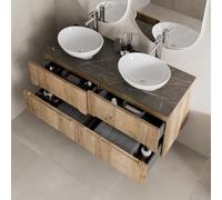Affine 1200mm Oak Grey Marble Vanity Unit Double Oval White Basin Fluted Soft Close