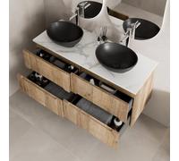 Affine 1200mm Oak White Marble Vanity Unit Double Oval Basin Wall Hung Fluted Soft Close