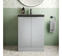 Affine 600mm Fluted Grey Floorstanding Vanity Unit Black Ceramic Basin Chrome Handle