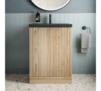 Affine 600mm Fluted Wood Floorstanding Vanity Unit Black Ceramic Basin Chrome Handle