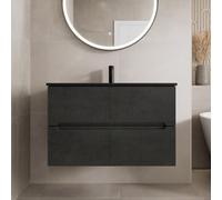 Affine 800mm Bathroom Cloakroom Vanity Unit Basin Sink Wall Hung Black Fluted Unit