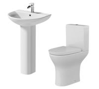 Affine® Arles Cloakroom Bathroom Suite Close Coupled Toilet WC Comfort Height Dual Flush Cistern Basin Pedestal Soft Close Freestanding Modern White