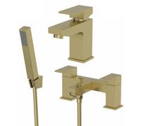 Affine Bath Shower Mixer & Basin Tap Set Square Twin Lever Deck Mounted Brushed Brass
