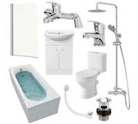 Affine Bathroom Suite 1700mm Single Ended Bath Screen Close Coupled Rimless Toilet Basin Vanity Unit Taps Shower Waste
