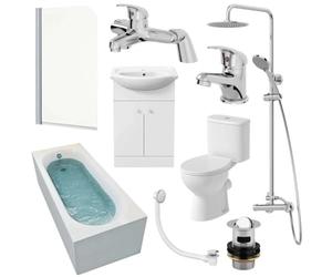 Affine Bathroom Suite 1700mm Single Ended Bath Screen Close Coupled Rimless Toilet Basin Vanity Unit Taps Shower Waste