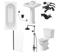 Affine Bathroom Suite 1700mm Single Ended Bath Toilet Basin Pedestal Black Shower Taps