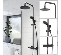 Affine Bathroom Thermostatic Mixer Shower Set Round Matte Black Twin Head Exposed Valve