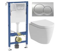 Affine® Bordeaux Rimless Wall Hung Toilet Pan WC Dual Flush Soft Close Seat with Geberit Duofix 1120mm Concealed WC Cistern Frame and Chrome Alpha01 Round Flush Plate
