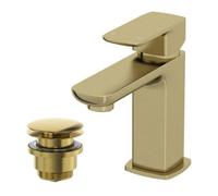 Affine Cloakroom Basin Mixer Tap & Waste Set - Square Single Lever - Brushed Brass