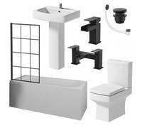 Affine® Complete Bathroom Suite 1700mm Single Ended Curved Bath 6mm Grid Screen Close Coupled Toilet WC Basin Full Pedestal Waterfall Taps Waste Set
