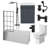Affine Complete Bathroom Suite Bath Black Grid Shower Screen Basin Vanity Unit Close Coupled Toilet Tap Set 1700mm