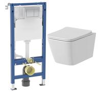 Affine® Eleve Rimless Wall Hung Toilet Pan WC Dual Flush Soft Close Seat with Geberit Duofix 1120mm Concealed WC Cistern Frame and Chrome Alpha01 Square Flush Plate