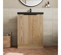 Affine Fluted 600mm Wood Floorstanding Vanity Unit Black Basin Soft Close Doors