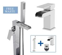 Affine Freestanding Floor Mounted Waterfall Square Bath Shower Mixer & Basin Tap Set