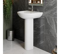 Affine Milan II 1 Tap Hole Wash Basin Sink & Full Pedestal Bathroom Floor Standing Single Tap Hole Curved Ceramic, White Gloss