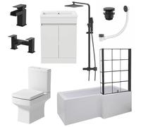 Affine Royan Black Complete Bathroom Suite with L Shape Shower Bath & Vanity Unit - 1700mm Right