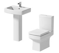 Affine® Royan Cloakroom Bathroom Suite Close Coupled Toilet WC Dual Flush Cistern Basin Full Pedestal Soft Close Freestanding Modern White Gloss
