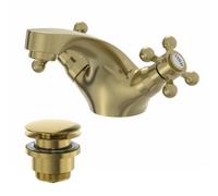 Affine Traditional Basin Mixer Tap & Waste Set - Twin Crosshead Handle - Brushed Brass