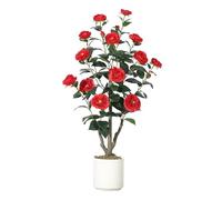 AffinityFurn 3FT Realistic Artificial Camellia Tree, Lifelike Silk Flowers, Potted Faux Evergreen Plant, Indoor/Outdoor Decorative Greenery, Maintenance-Free, Perfect for Living Room, Entryway, Red