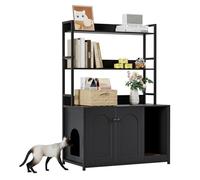 AffinityFurn Cat Litter Box Enclosure, 52" Hidden Wooden Cat Cabinet with Storage Shelves, Double Doors, Mark Mat, Modern Entryway Organizer, Wooden Cat House Bookshelf(Black)