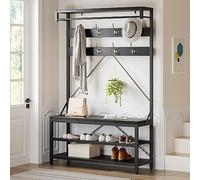 AffinityFurn Coat Rack with Bench and Shoe Shelves, Industrial Free Standing Hall Tree with Shoes Storage Bench, Metal Frame, 8 Hooks for Entryway Hallway Living Room, Black 40 x 101.5 x 183cm