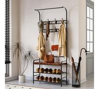 AffinityFurn Coat Rack with Bench and Shoe Shelves, Industrial Free Standing Hall Tree with Shoes Storage Bench, Metal Frame, 8 Hooks for Entryway Hallway Living Room, Brown 60x30x180cm