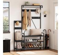 AffinityFurn Coat Rack with Bench and Shoe Shelves, Industrial Hallway Coat Rack, Freestanding Hall Tree with 8 Hooks & Metal Frame for Entryway, Living Room, Cloakroom Bedroom,113 x 30 x 180 cm