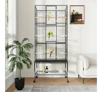 AffinityFurn Extra Large 69-Inch Bird Cage with Rolling Stand for Medium Birds - Includes Slide-Out Tray, Storage Shelf, 360° Swivel Casters, Perches & Multi-Level Design, Black