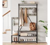 AffinityFurn Industrial Hall Tree Coat Rack with Shoe Storage Bench, Hanging Bar, Storage Cubbies, Top Shelf, Freestanding Metal Entryway Organizer for Hallway, Entryway, 30x113x180 cm(Grey)