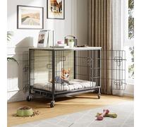 AffinityFurn Medium Dog Crate Furniture, 70 cm Double Door Wooden Dog Crate, Heavy Duty Steel Frame, Dog Crate Side End Table, Chew-Resistant Pine Wood Top, Removable Tray, Wheels, Black