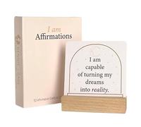 Affirmation Cards - Paper Laminate “I Am” Positive Affirmations Cards w/Wooden Display Stand - Inspirational Cards with Soothing Colors to Display on Vision Boards - Giftable Positive Cards