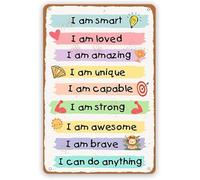 Affirmation I Am Kind I Am Smart Vintage Metal Sign Inspirational Quotes Tin Sign Decor for Home Kids Room Classroom Playroom Wall Decor Accessories Poster GiftsTin Sign 8X12 Inches