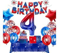 Affivia Spider 4th Birthday Decoration Set (4 Birthday Banners + Balloons + Cake + Napkins + Tablecloth)