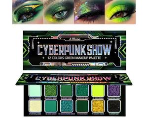 Afflano Multichrome Green Eyeshadow Palette, Color-Shifting Green Glitter Eyeshadow Palette, Neon Yellow Purple Blue Chrome Eye Shadow for Cosplay St. Patrick Look, Dark Smokey Forest green Eye Makeup