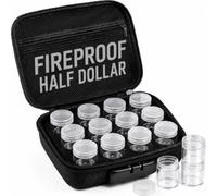 Affrolling Fireproof and Waterproof Lockable Black Coin Storage Box with 12 Pack Clear Coin Holders for Half Dollar, 12 Grid Sponge Base, Lid Mesh Pocket