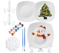 Affrolling Paint Your Own Porcelain Plates Ceramic Painting Kit Included 2 Pcs Porcelain Plates 2 Brushes 12 Paints 2 Stands Paint and 1 Pcs Color Palette, Pottery Kit for Adults(Square)