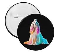 Afghan Hound Dog with Rainbow Hair Pin Badge Metal Circle Shape 2.3 Inches Button Pinback for Backpack Wedding