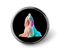 Afghan Hound Dog with Rainbow Hair Round Badge Pin Metal Memorial Brooch Button Lapel Pins for Backpack Wedding