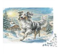 Afghan Hound Heavyweight Paper Silver Dog Running in Snowy Village with Cabin Jigsaw Puzzle Beginner Friendly Relaxing Activity 70x50cm/1000pcs