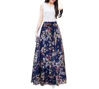 Afibi Boho Floral Long Summer Beach Chiffon Wrap Cover Up Maxi Skirt for Women, Navy Blue, Small