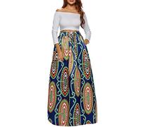 Afibi Women African Printed Casual Maxi Skirt Flared Skirt Multisize A Line Skirt S-5XL - Blue - 5X-Large
